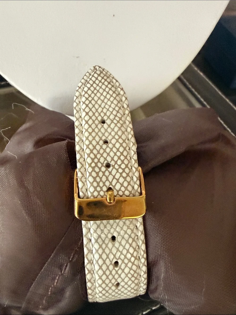 Badgley Mischka Rose Gold-Tone Crystal Accent Watch with White Strap